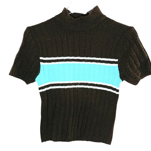 Express Tricote M Vintage Womens Striped Cropped Knit Top Brown Blue - Picture 1 of 7